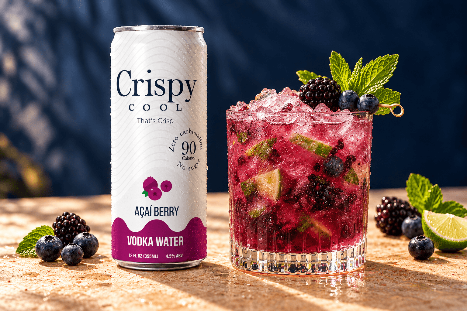 AÇAÍ BERRY SMASH cocktail beside a Crispy Cool AÇAÍ BERRY can