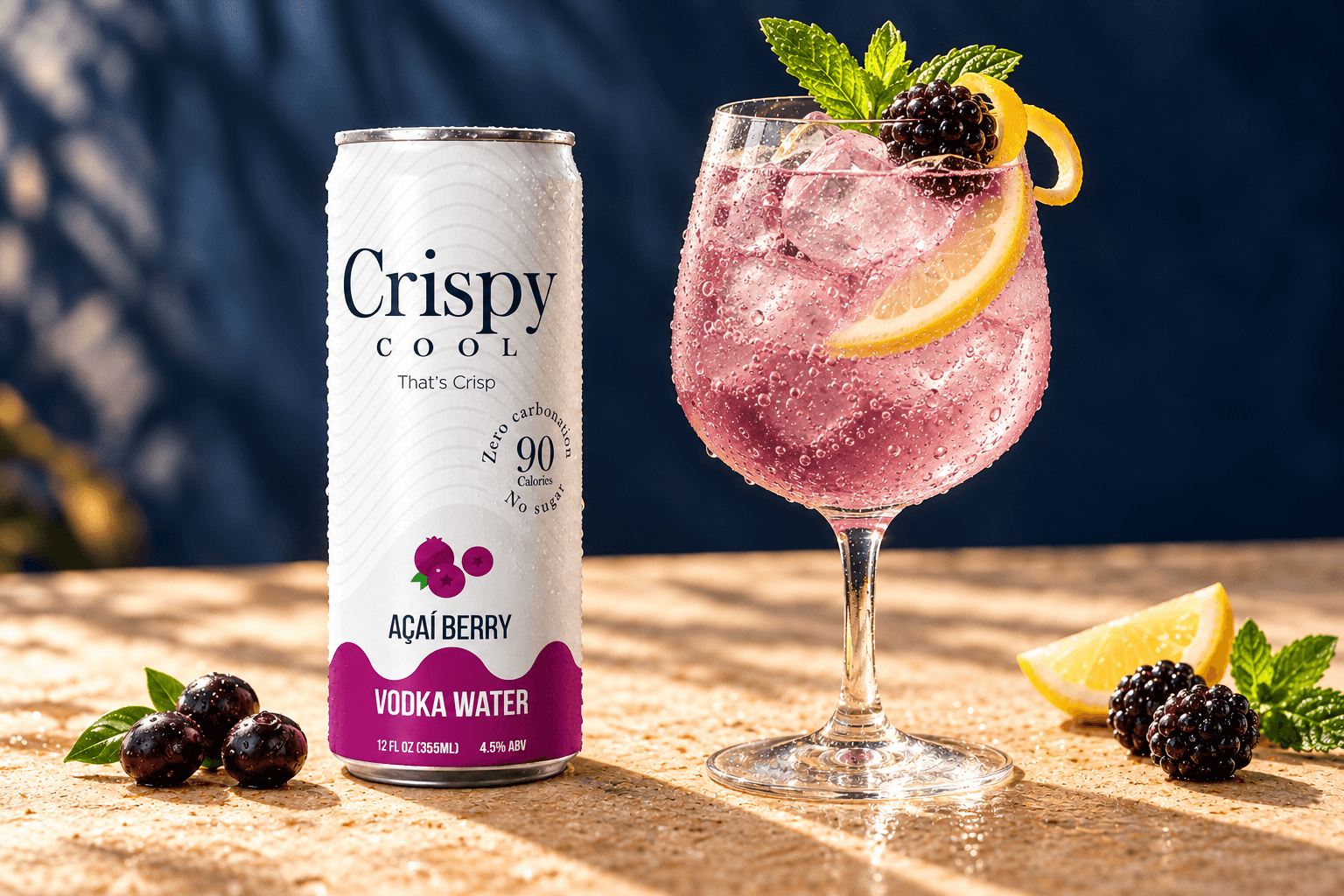AÇAÍ SPRITZ cocktail beside a Crispy Cool AÇAÍ BERRY can
