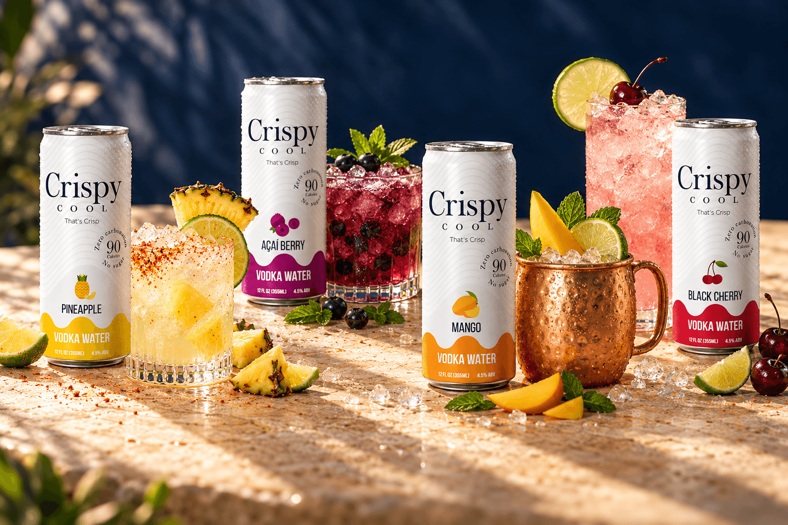 All four Crispy Cool flavors with pineapple, berry, mango and black cherry cocktails
