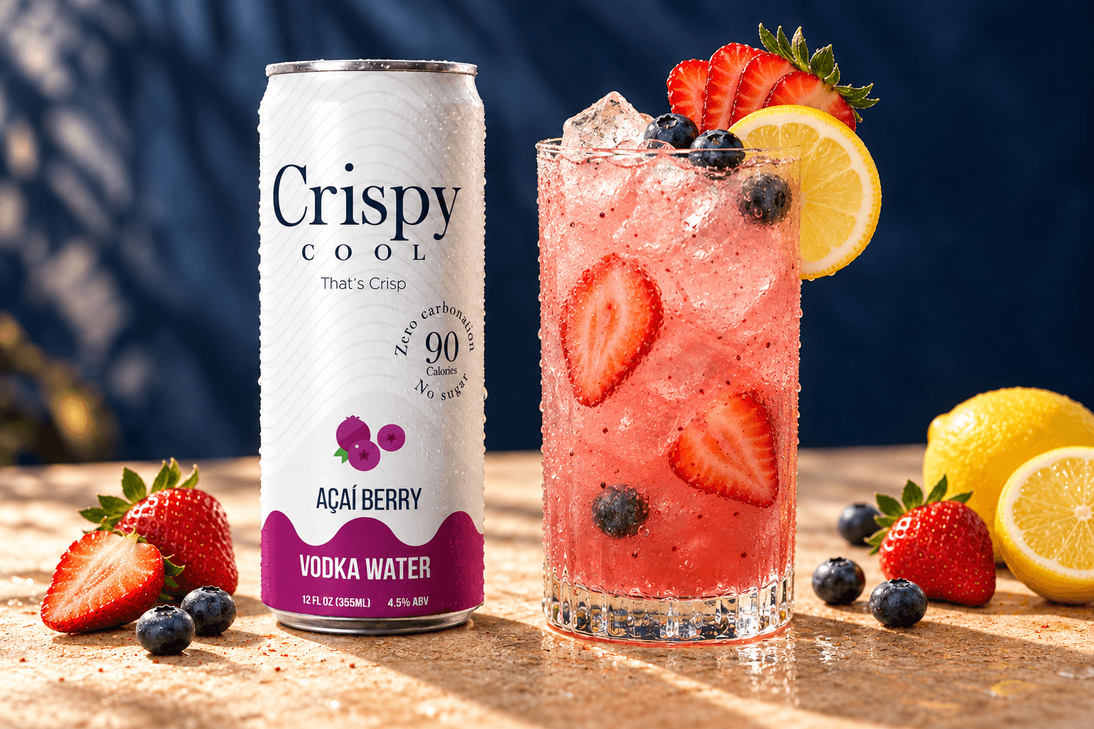 BERRY LEMONADE cocktail beside a Crispy Cool AÇAÍ BERRY can