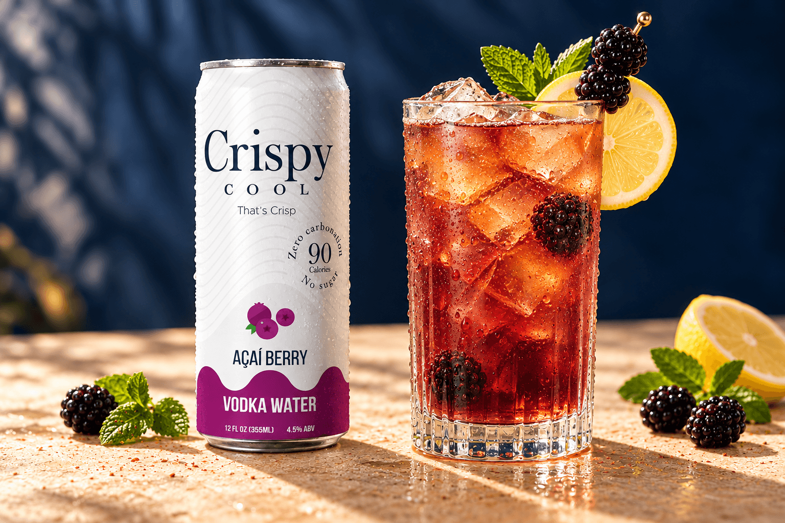 BERRY TEA CLUB cocktail beside a Crispy Cool AÇAÍ BERRY can