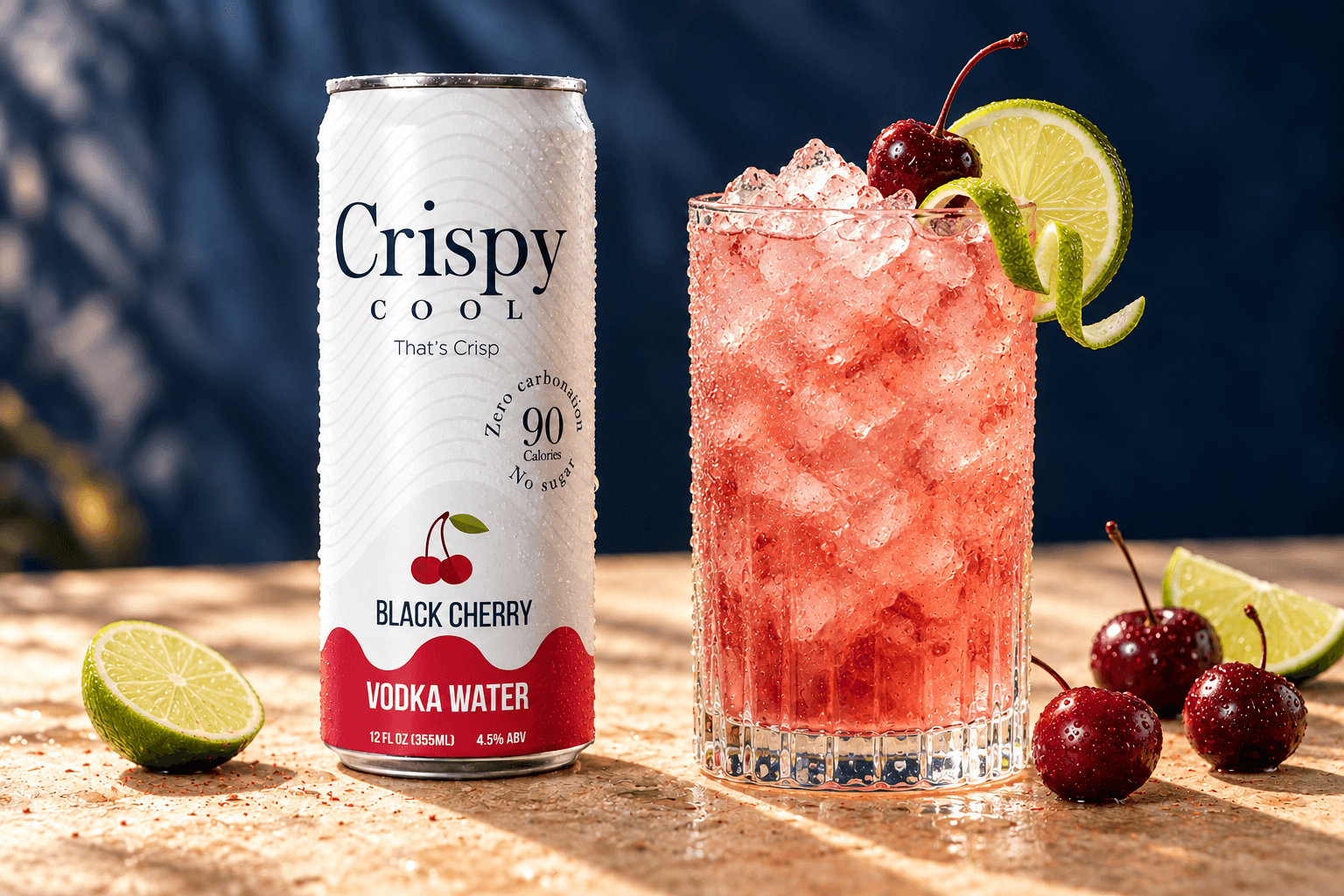BLACK CHERRY LIMEADE cocktail beside a Crispy Cool BLACK CHERRY can