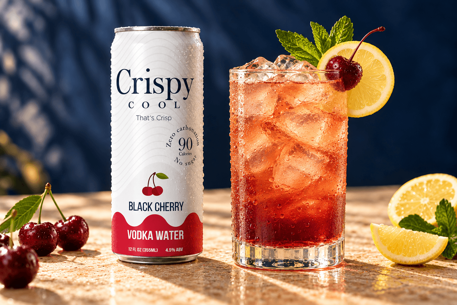 BLACK CHERRY PALMER cocktail beside a Crispy Cool BLACK CHERRY can