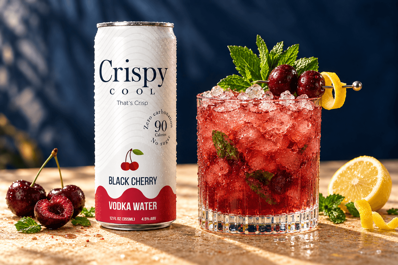 BLACK CHERRY SMASH cocktail beside a Crispy Cool BLACK CHERRY can