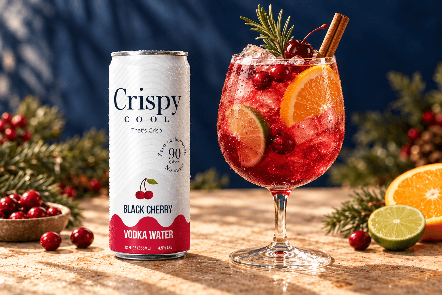 CHERRY CHRISTMAS CRISP cocktail beside a Crispy Cool BLACK CHERRY can