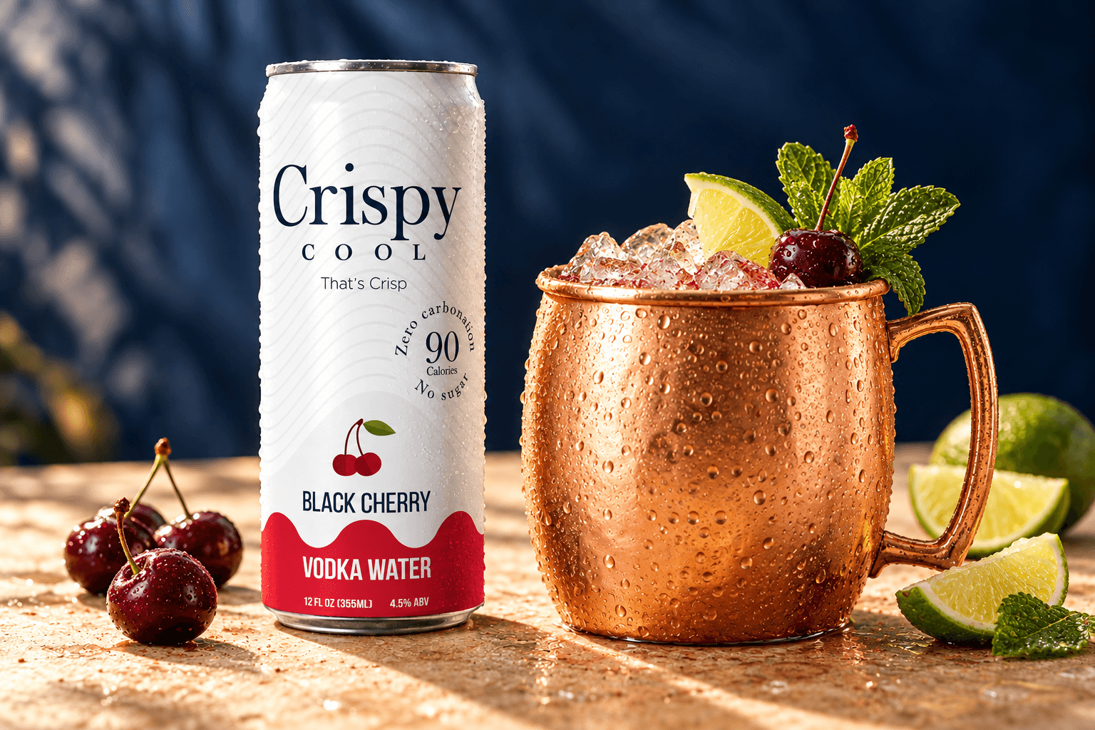 CHERRY MULE cocktail beside a Crispy Cool BLACK CHERRY can