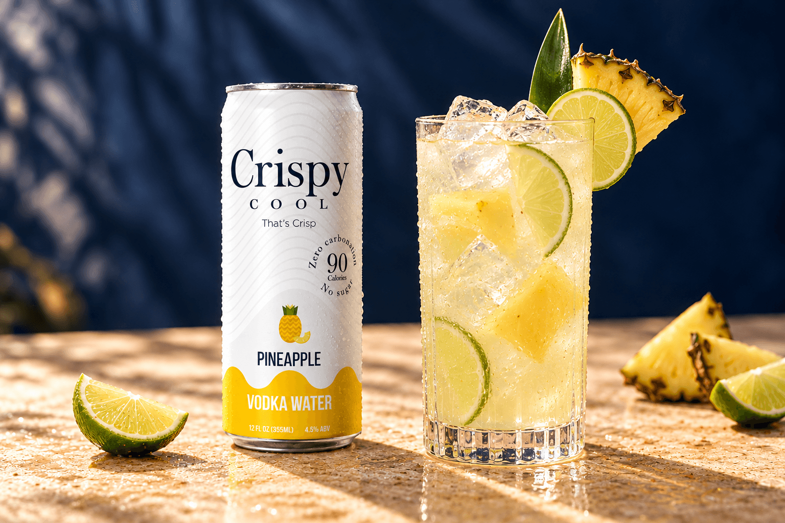 CLUBHOUSE COLADA cocktail beside a Crispy Cool PINEAPPLE can