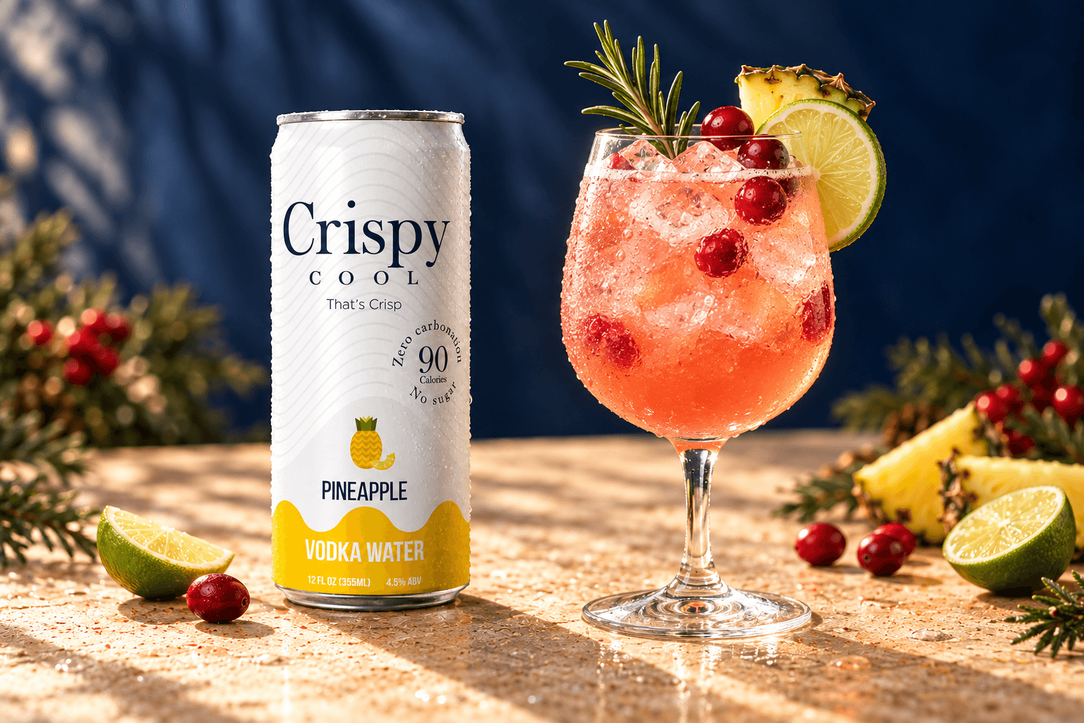 HOLIDAY PINEAPPLE PUNCH cocktail beside a Crispy Cool PINEAPPLE can