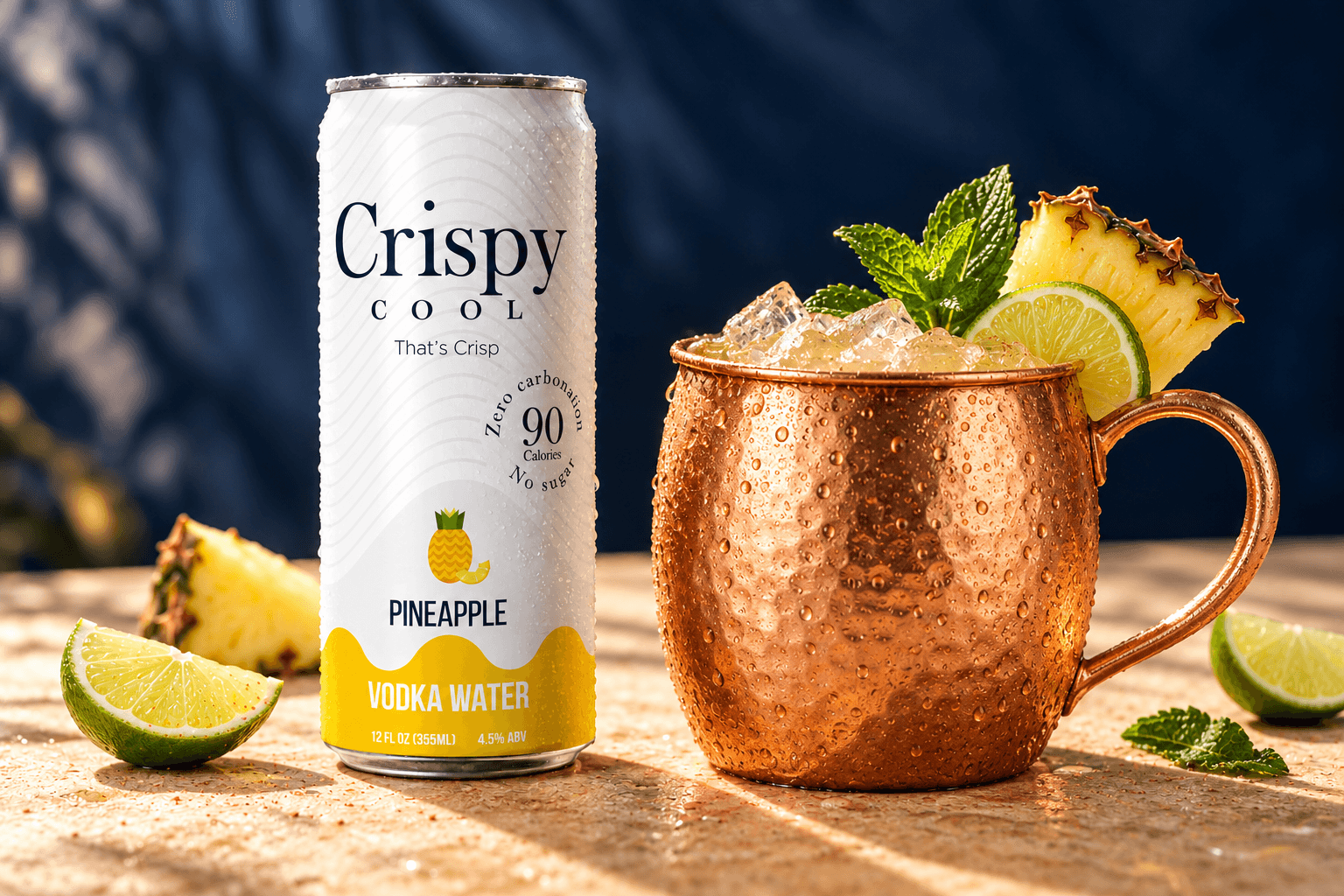 ISLAND MULE cocktail beside a Crispy Cool PINEAPPLE can
