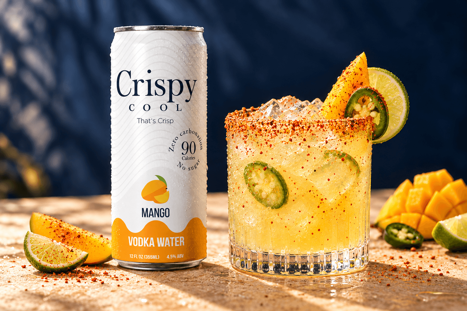 MANGO CHILI CRISP cocktail beside a Crispy Cool MANGO can