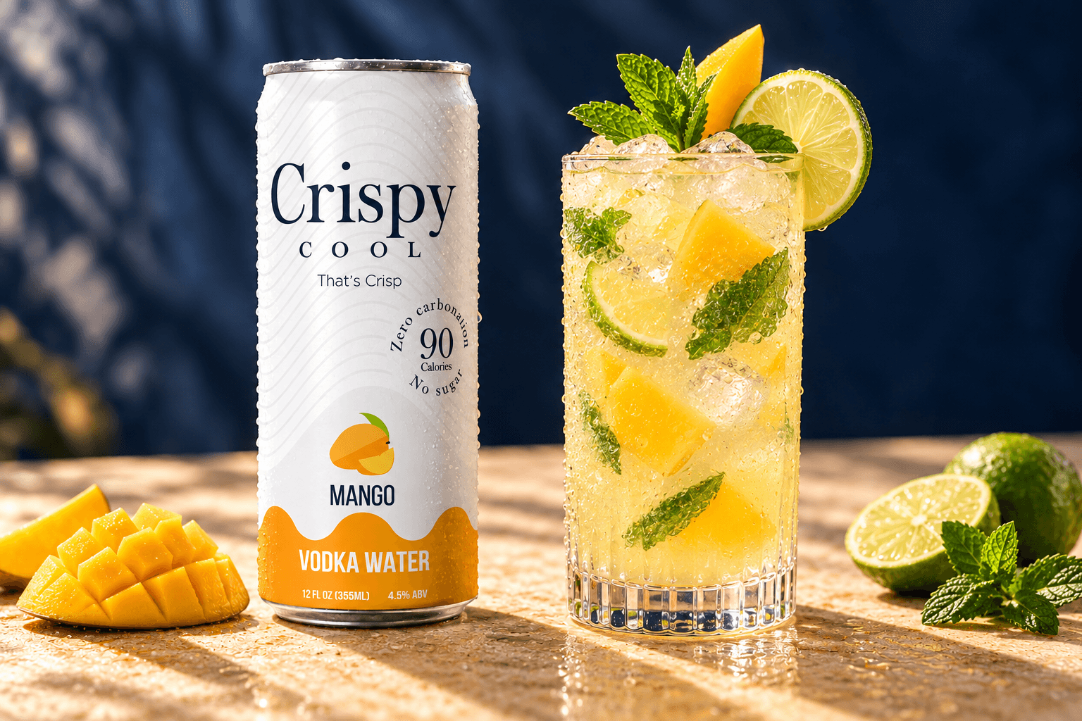 MANGO CLUB COOLER cocktail beside a Crispy Cool MANGO can