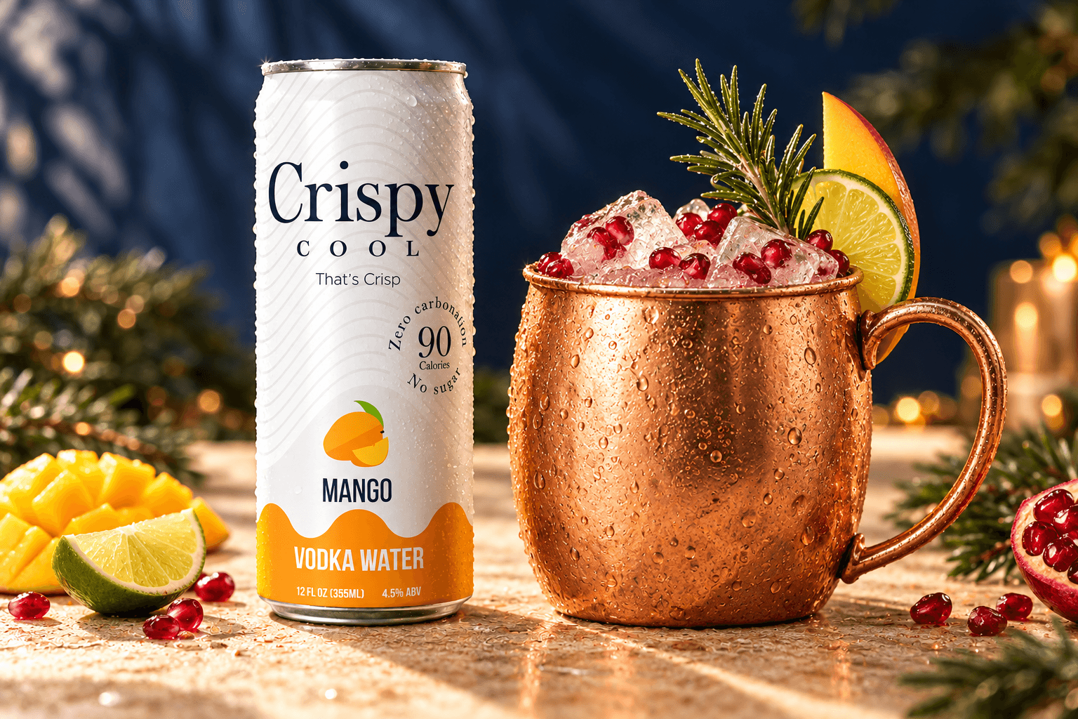 MANGO MISTLETOE MULE cocktail beside a Crispy Cool MANGO can
