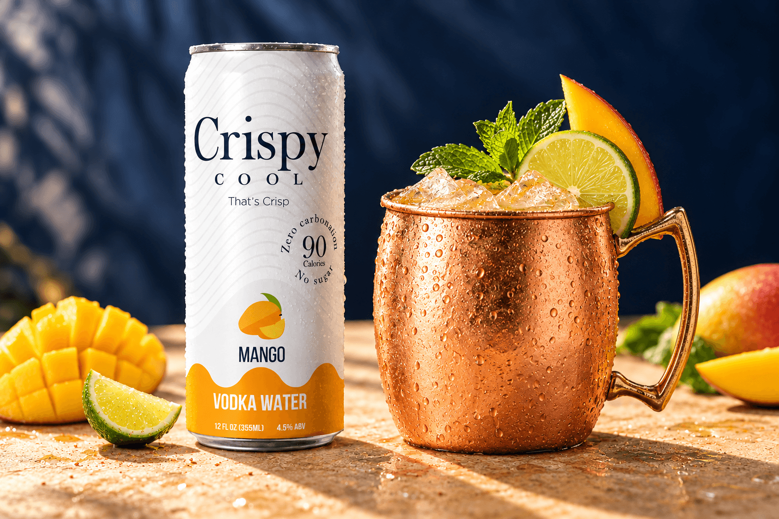 MANGO MULE cocktail beside a Crispy Cool MANGO can