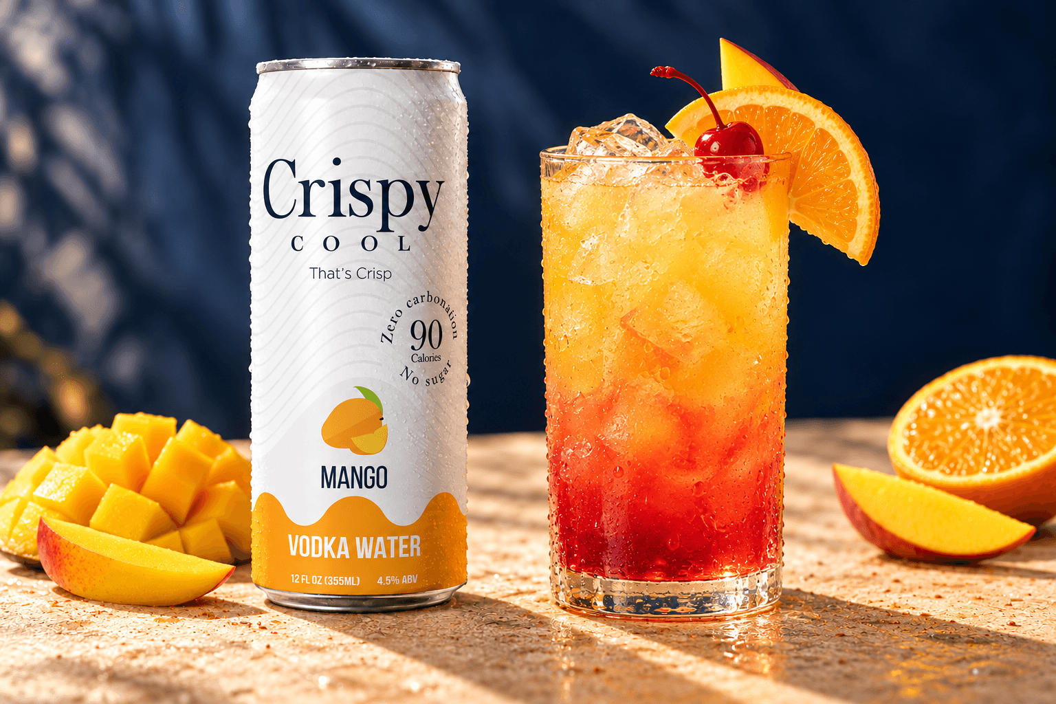 MANGO SUNSET cocktail beside a Crispy Cool MANGO can