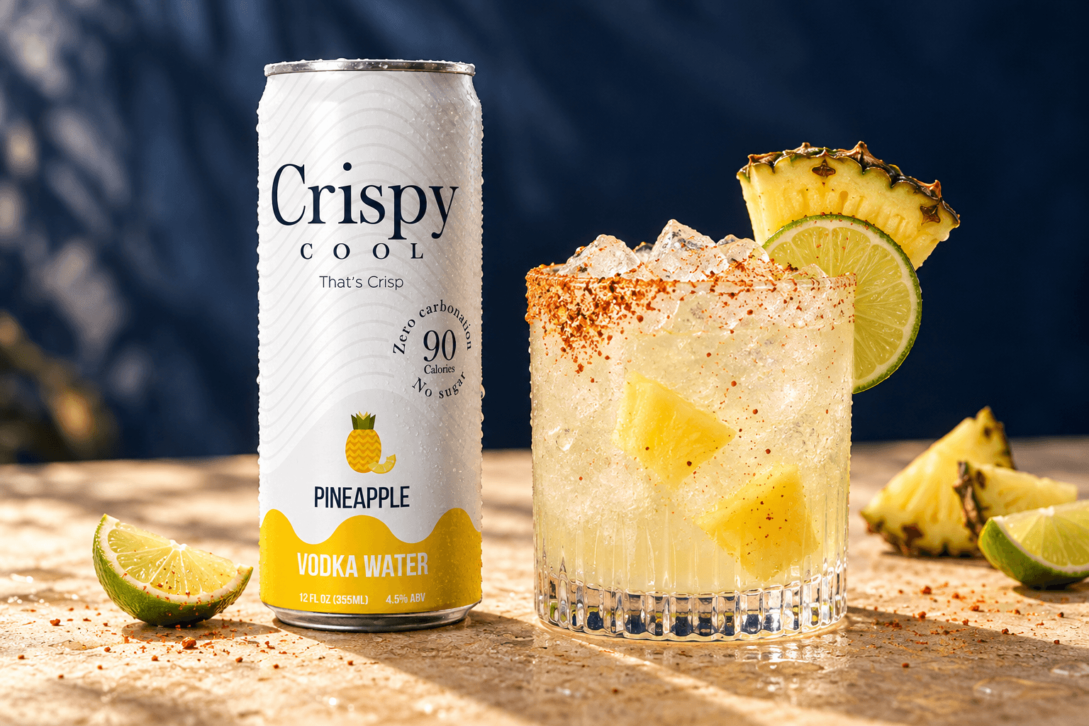PINEAPPLE CRUSH cocktail beside a Crispy Cool PINEAPPLE can