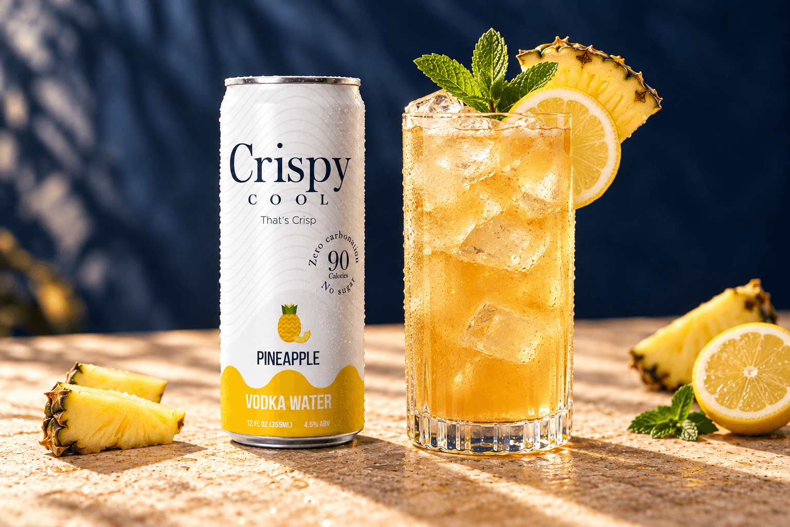 PINEAPPLE PALMER cocktail beside a Crispy Cool PINEAPPLE can