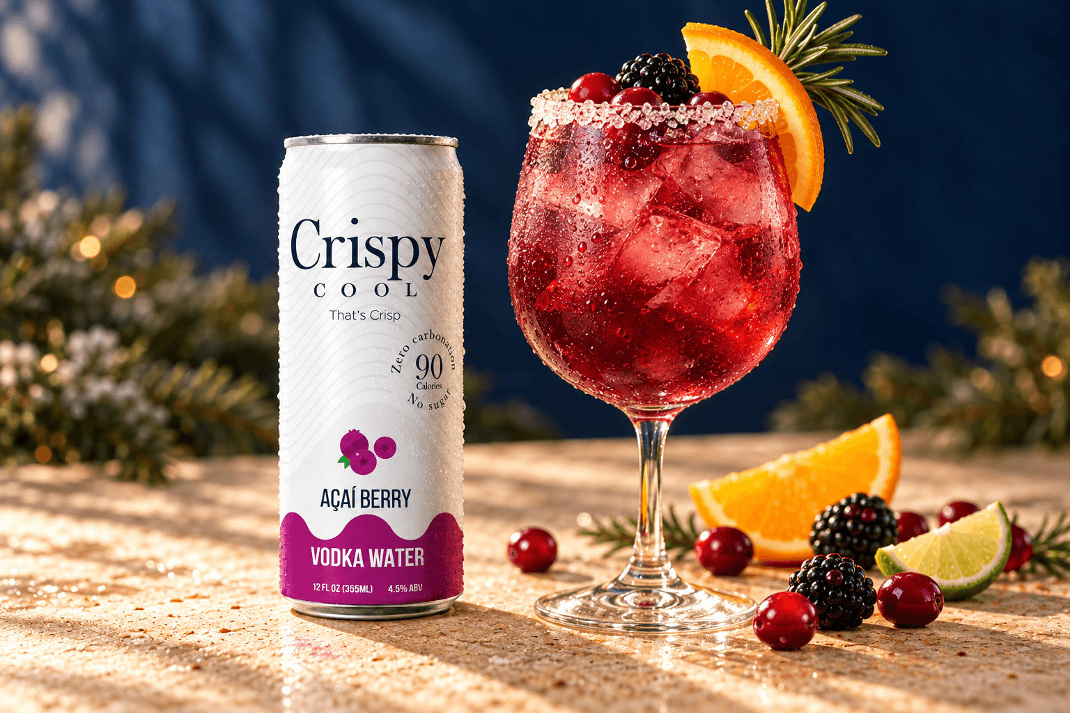 WINTER BERRY CRISPY cocktail beside a Crispy Cool AÇAÍ BERRY can